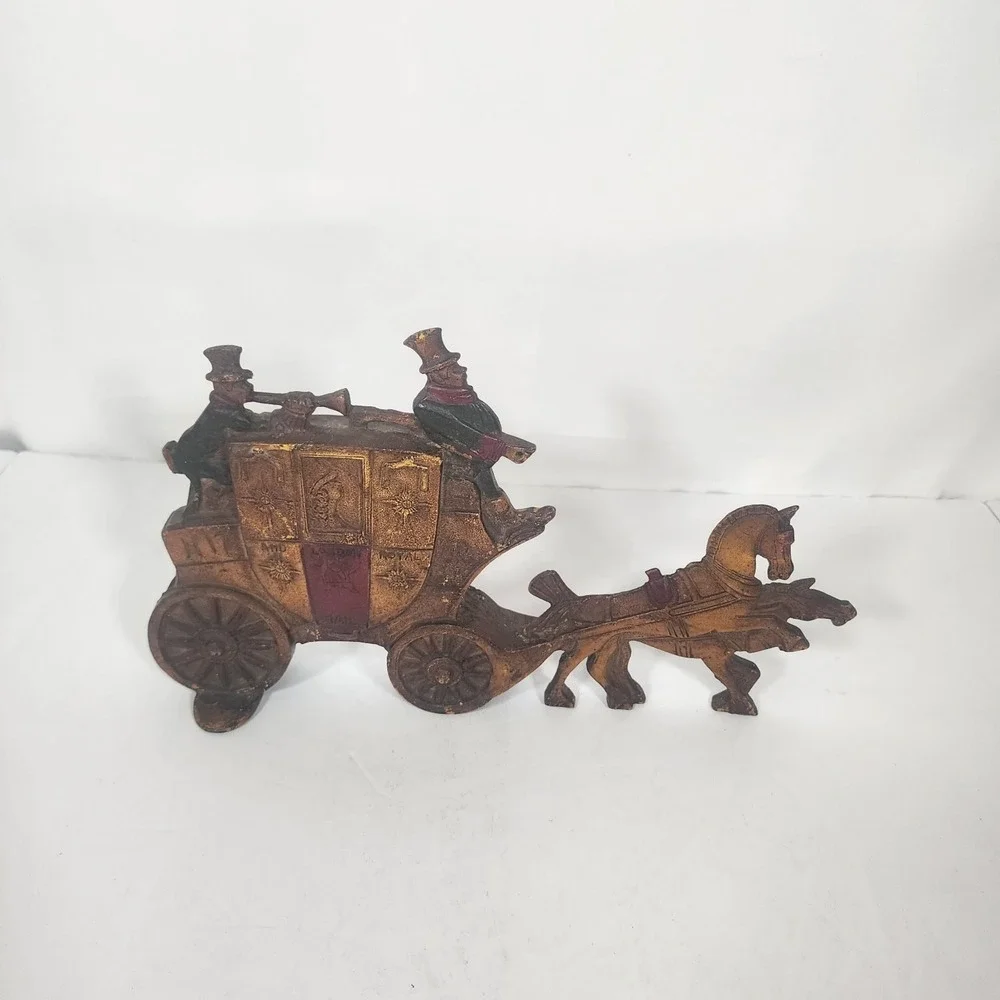 Vintage Cast Iron Royal Mail Stagecoach Doorstop Horse Carriage Painted Decor‎